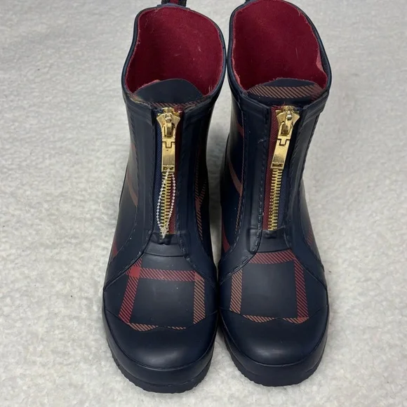 Tommy Hilfiger Women Blue Plaid Ankle Rain Boots - Picture 2 of 8